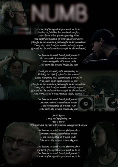 Lyrics of numb by linkin park - With their 2014 release and heaviest offering in years, The Hunting Party, Linkin Park manage to capture their ever-innovative spirit with a hunger seldom seen in bands on their seventh album. One ...